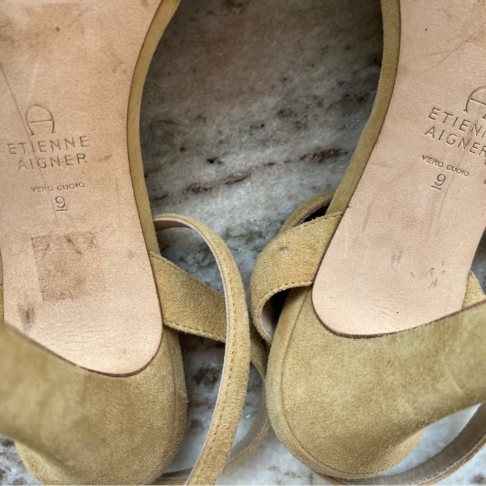 Yellow Honey Suede Leather MARTANA Etienne Aigner Ankle Wrap Heeled Sandals Sz 9 - Picture 3 of 9